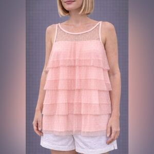 DR2 Polka Dot Mesh Sheer Tiered Tank Top Baby Pink Size Medium